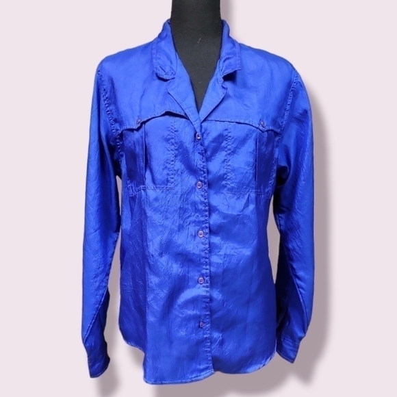 Ashleigh Morgan Royal Blue Crinkled Fabric Button-Up Women's Top, Size 10 - Picture 1 of 7